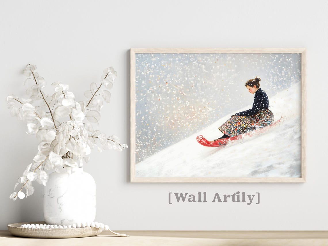 Woman Riding Red Toboggan Sled In Falling Snow Winter Art Poster - Image 2