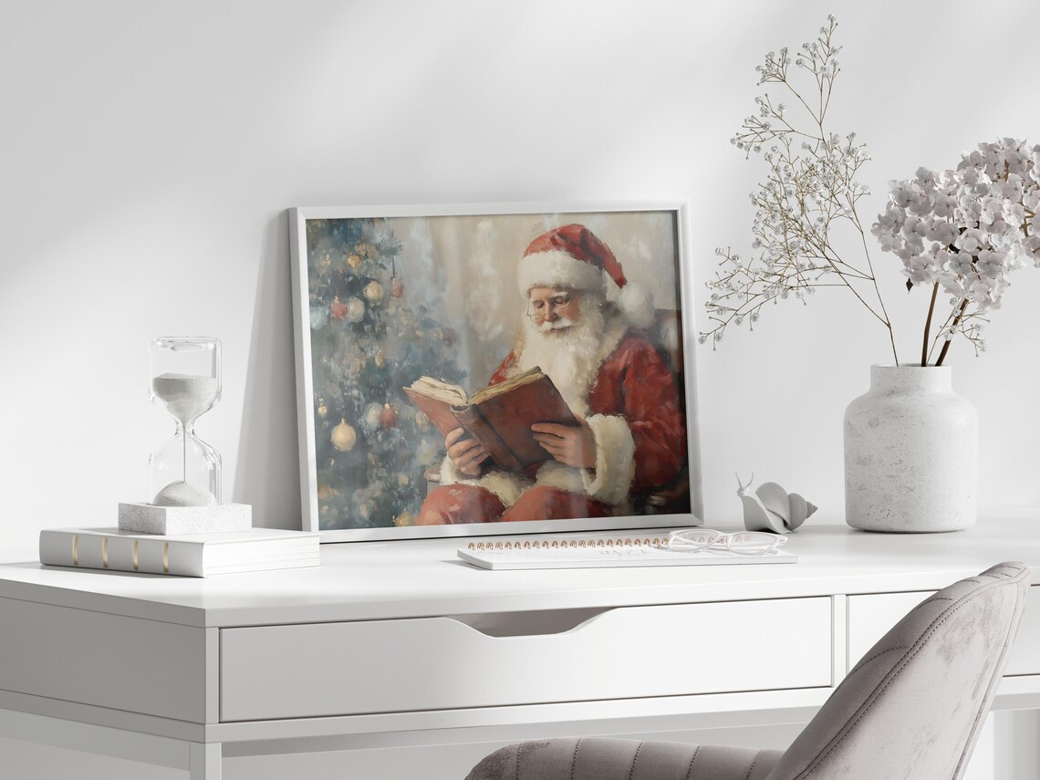 Santa Claus Reading Book By Christmas Tree Vintage Oil Art Poster - Image 5