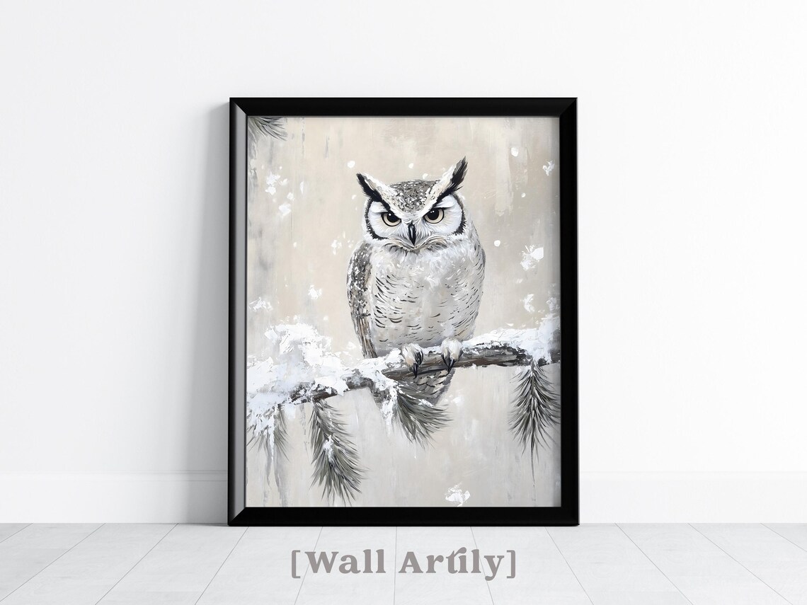 Great Horned Owl Snowy Pine Branch Winter Bird Portrait Poster - Image 4