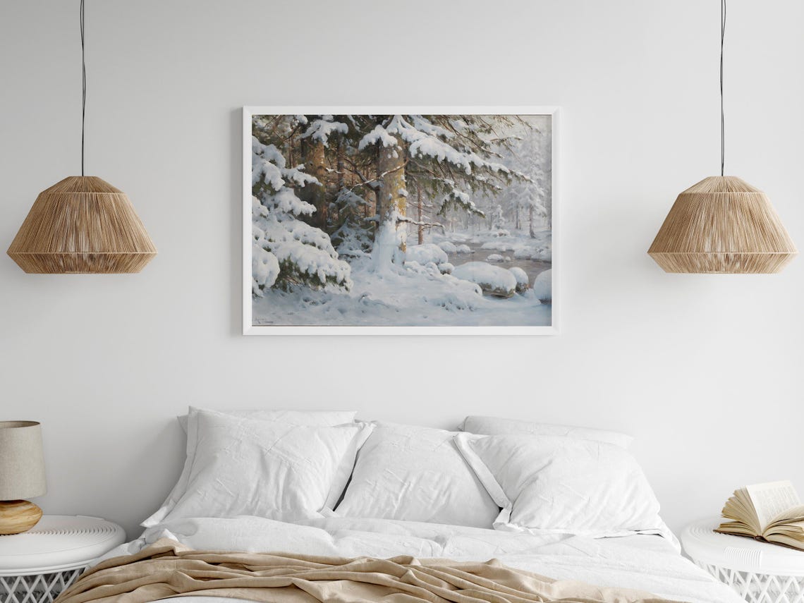 Snowy Pine Trees By A Winter River Realistic Painting Poster - Image 5