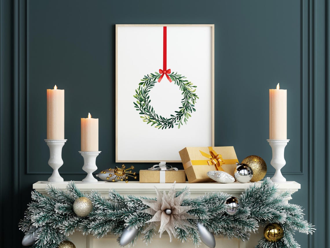 Minimalist Green Foliage Wreath With Red Ribbon Christmas Poster