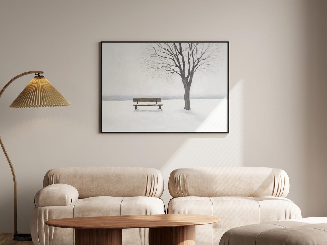 Snowy Park Bench Bare Tree Minimalist Winter Landscape Poster - Image 4