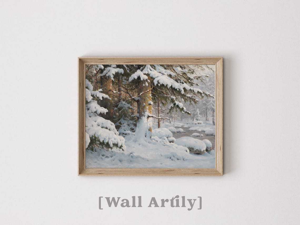 Snowy Pine Trees By A Winter River Realistic Painting Poster - Image 3