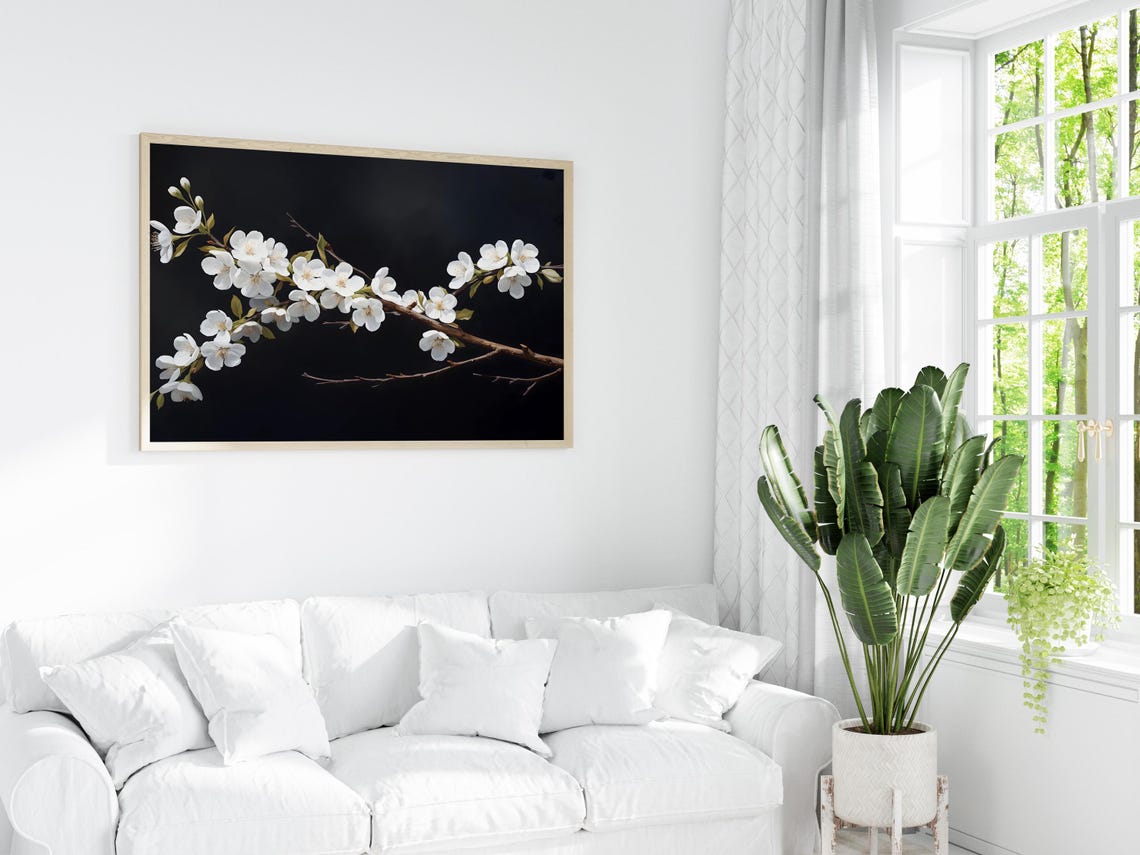 White Cherry Blossom Moody Black Background Floral Art Poster - Image 4