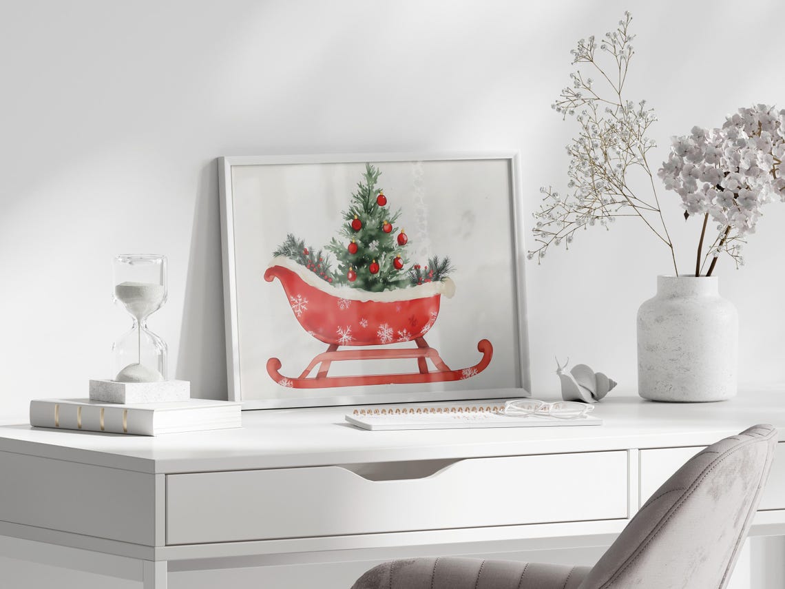 Red Watercolor Christmas Sleigh With Mini Tree And Ornaments Poster - Image 6