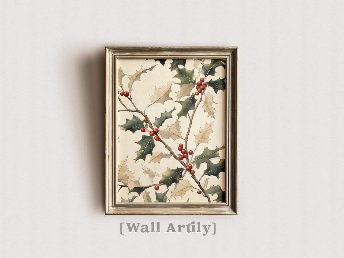 Holly Leaves Red Berries Watercolor Botanical Christmas Art Poster - Image 4