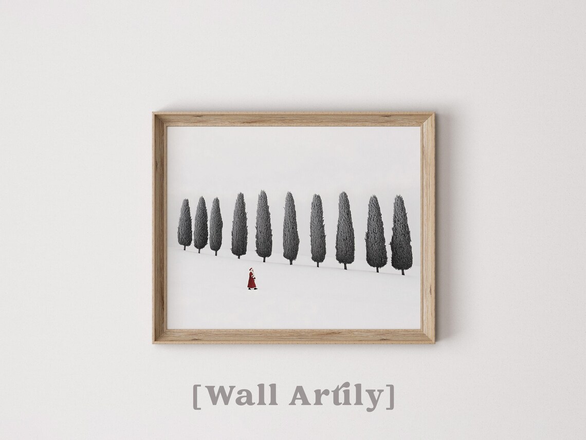 Minimalist Santa Claus Walking Past Cypress Trees Snow Art Poster - Image 5