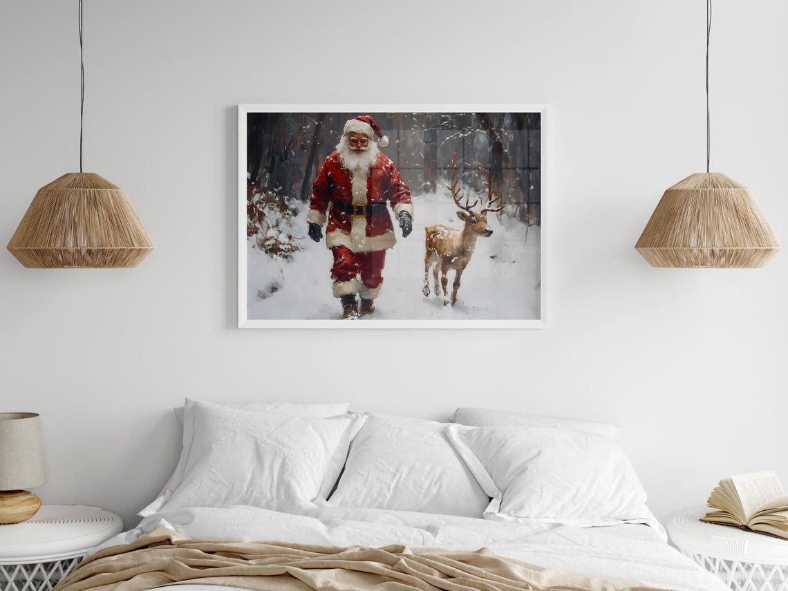 Santa Claus Walking With Reindeer Snowy Forest Christmas Poster - Image 3