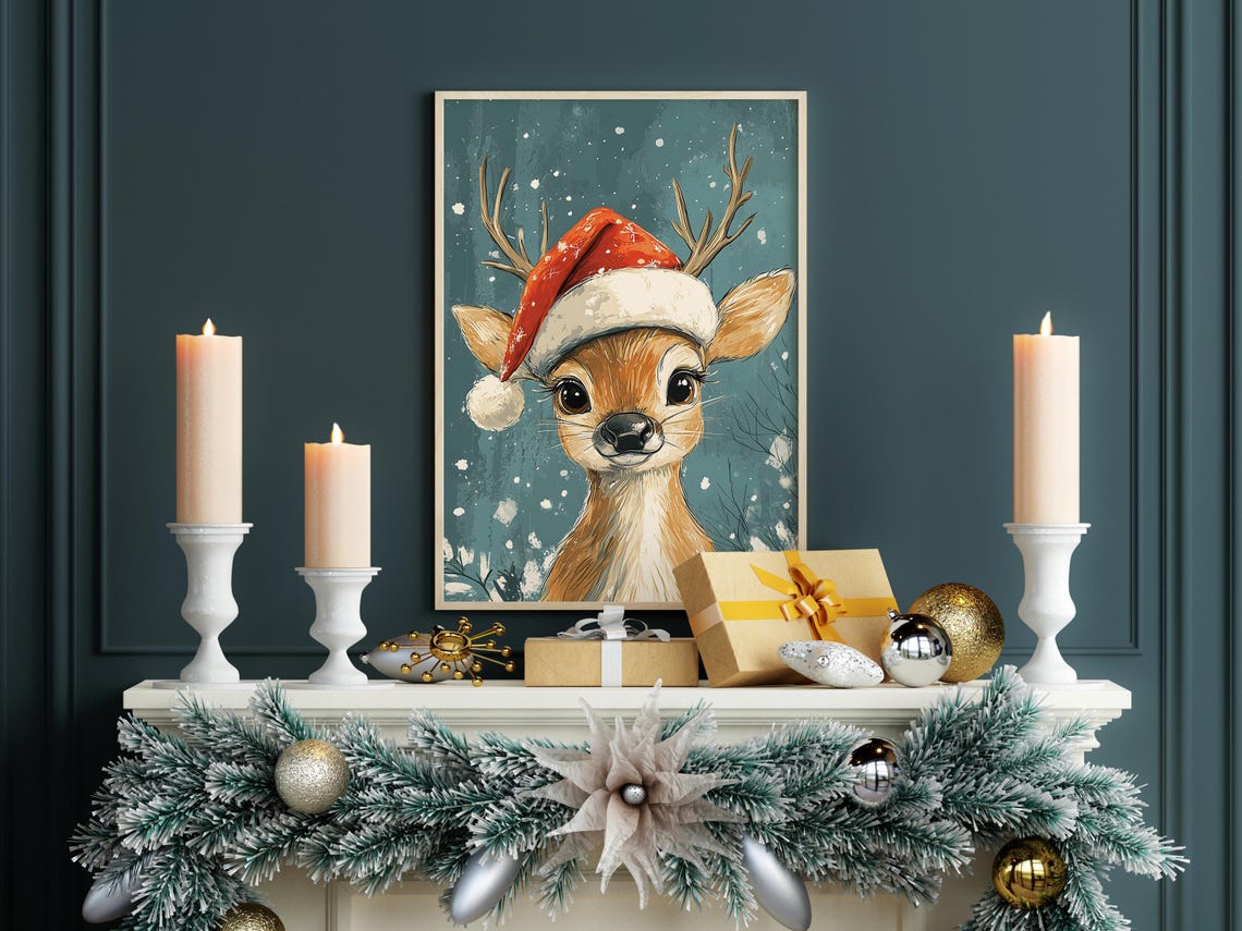 Cute Reindeer Santa Hat Christmas Snowy Woodland Animal Poster - Image 7