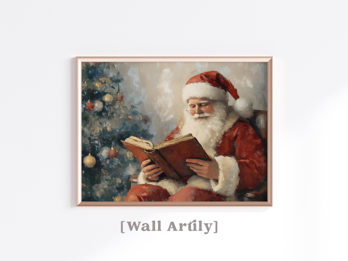 Santa Claus Reading Book By Christmas Tree Vintage Oil Art Poster - Image 3