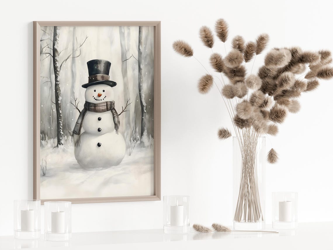 Snowman In Birch Forest Winter Watercolor Holiday Art Poster - Image 5