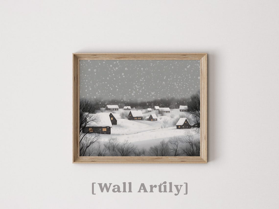 Moody Snow Covered Cabins With Glowing Windows Winter Poster - Image 3