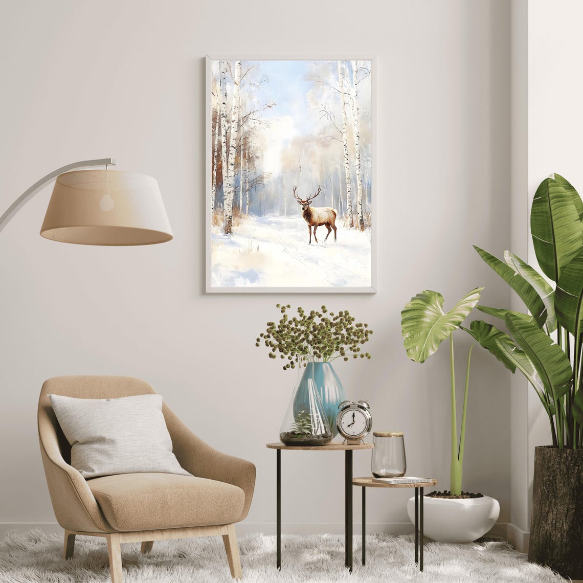 Noble Stag With Antlers In Snowy Birch Forest Winter Painting Poster - Image 7