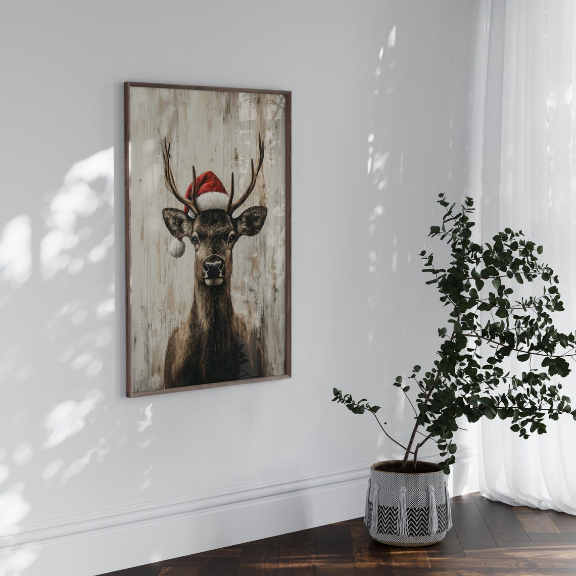 Reindeer Wearing Santa Hat Rustic Christmas Wood Sign Style Poster - Image 4