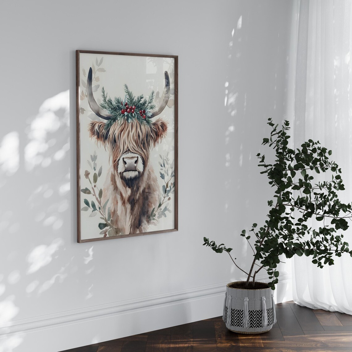 Highland Cow Mistletoe Crown Watercolor Christmas Animal Poster - Image 4