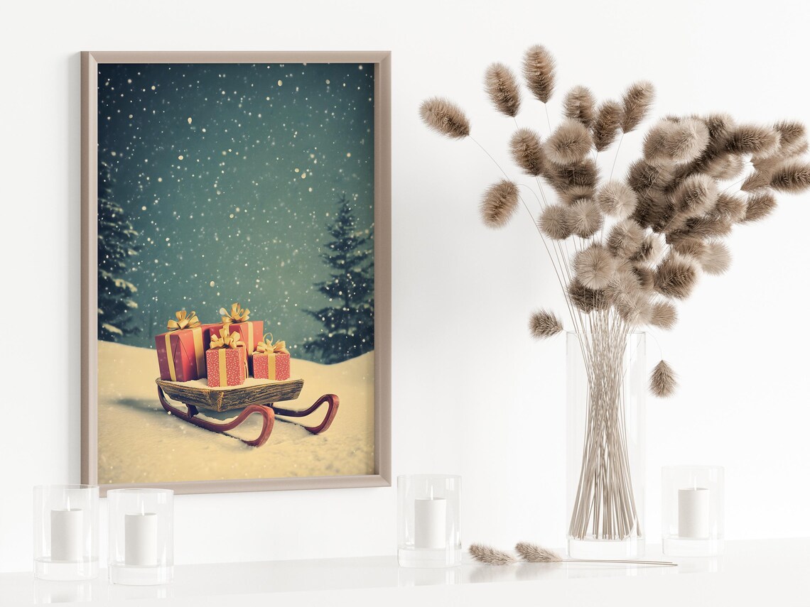 Antique Wooden Sleigh Red Gifts Snowfall Christmas Night Poster - Image 5