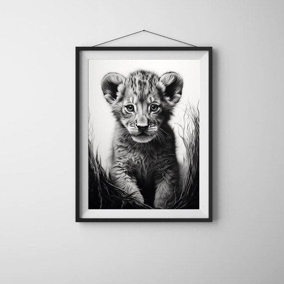 Adorable Black White Lion Cub Portrait Fine Art Photo Poster