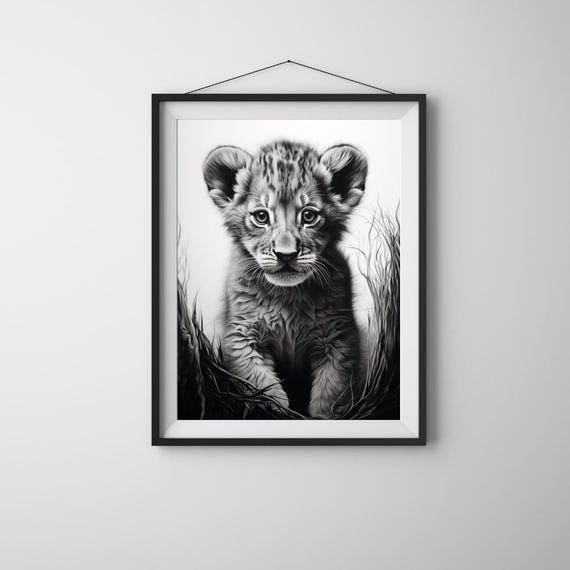 Lion Cub Nursery Print Realistic Black And White Portrait