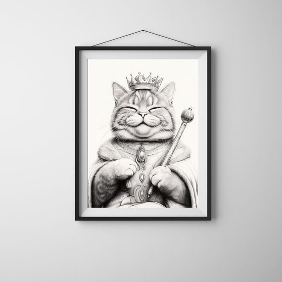 Royal Cat King Crown Scepter Funny Black White Whimsical Animal Art Poster