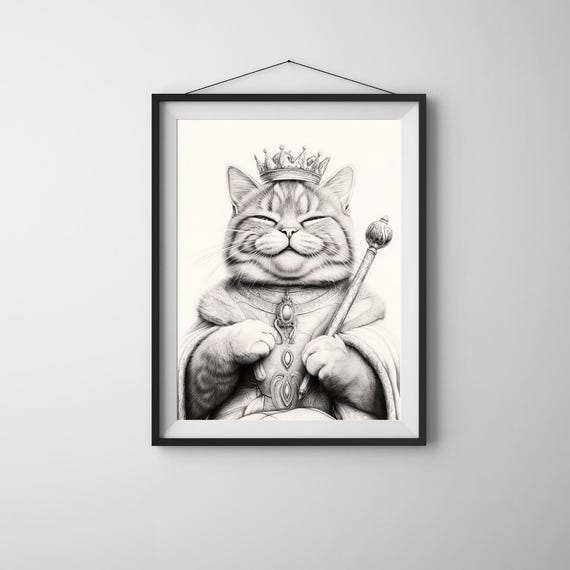 Royal Cat Wall Art Funny Ai King Regal Poster With Crown And Scepter Whimsical Black White Animal Illustration