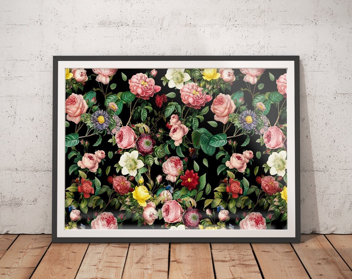 Vintage Pink Roses with Asters and Yellow Blooms on Black Poster