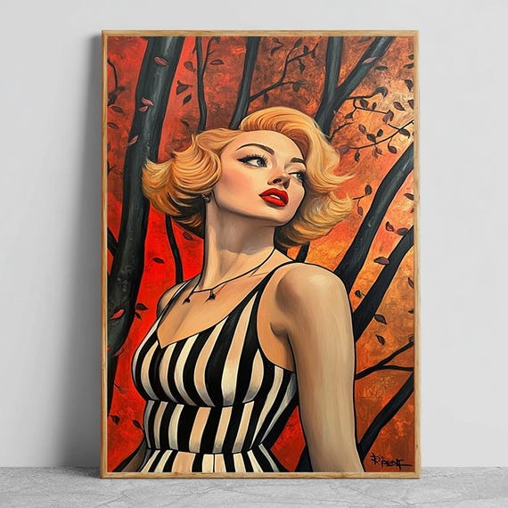 Retro Woman In Forest Canvas Bold Pop Art Portrait Print Vintage Blonde Glam Wall Autumn Background Modern Feminine Decor