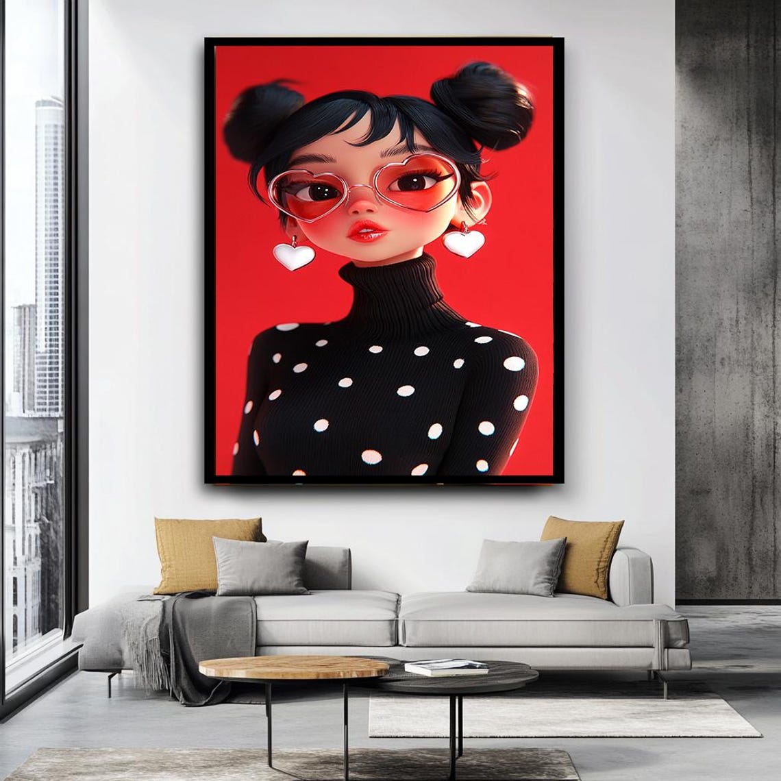 Cartoon Girl Heart Sunglasses Red Background Cute Pop Wall Art - Image 5