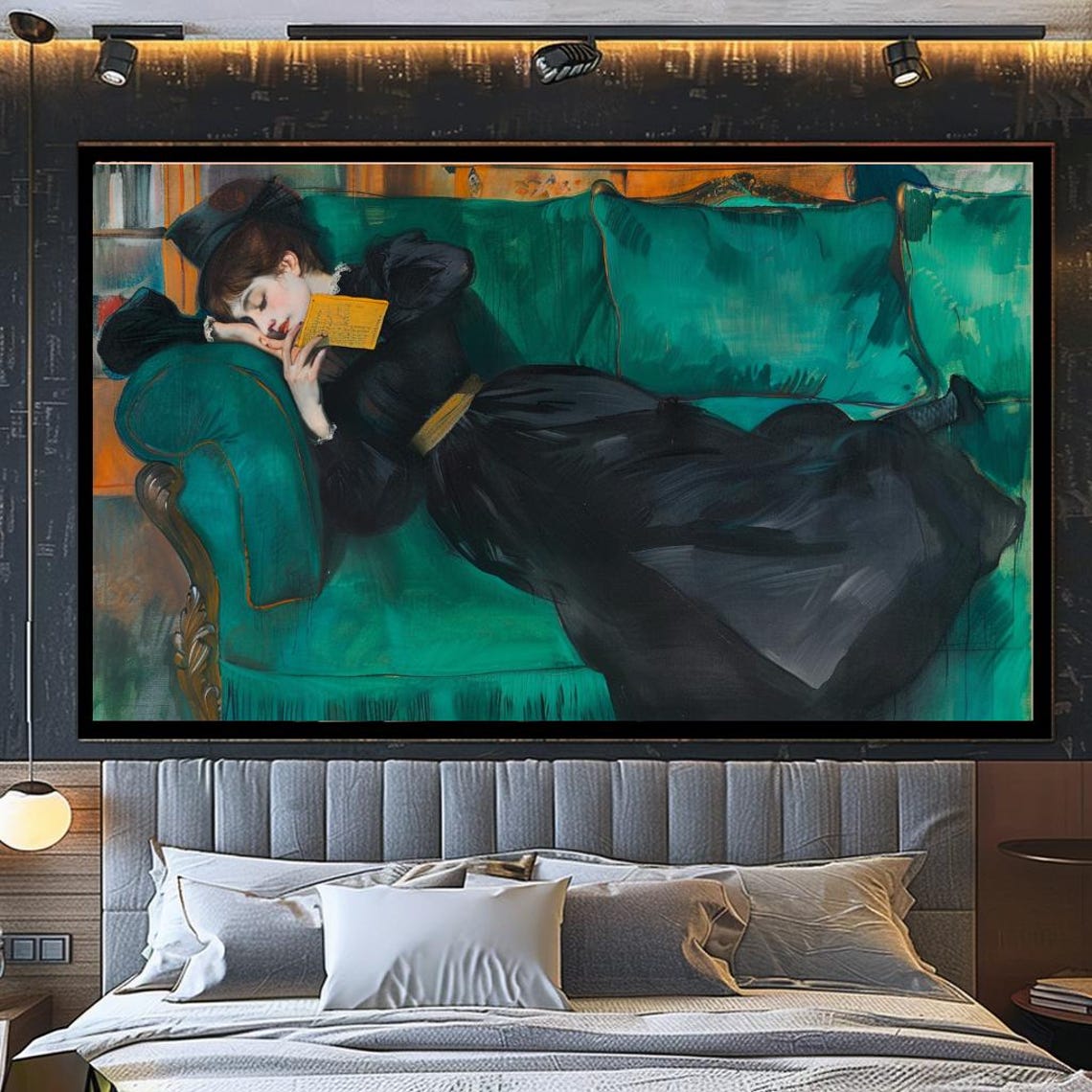 Elegant Woman Reclining Green Sofa Reading Classic Portrait Wall Art