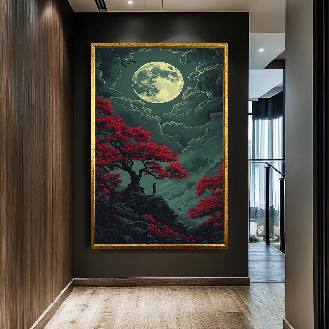 Full Moon Red Maple Trees Lone Figure Enchanted Night Fantasy Poster - Image 2