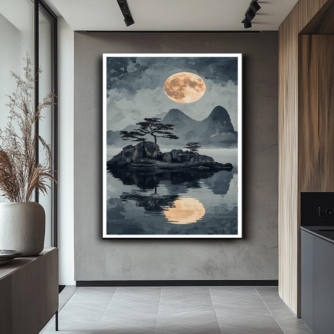 Full Moon Over Mountain Lake Pine Island Ink Wash Night Sky Poster - Image 2