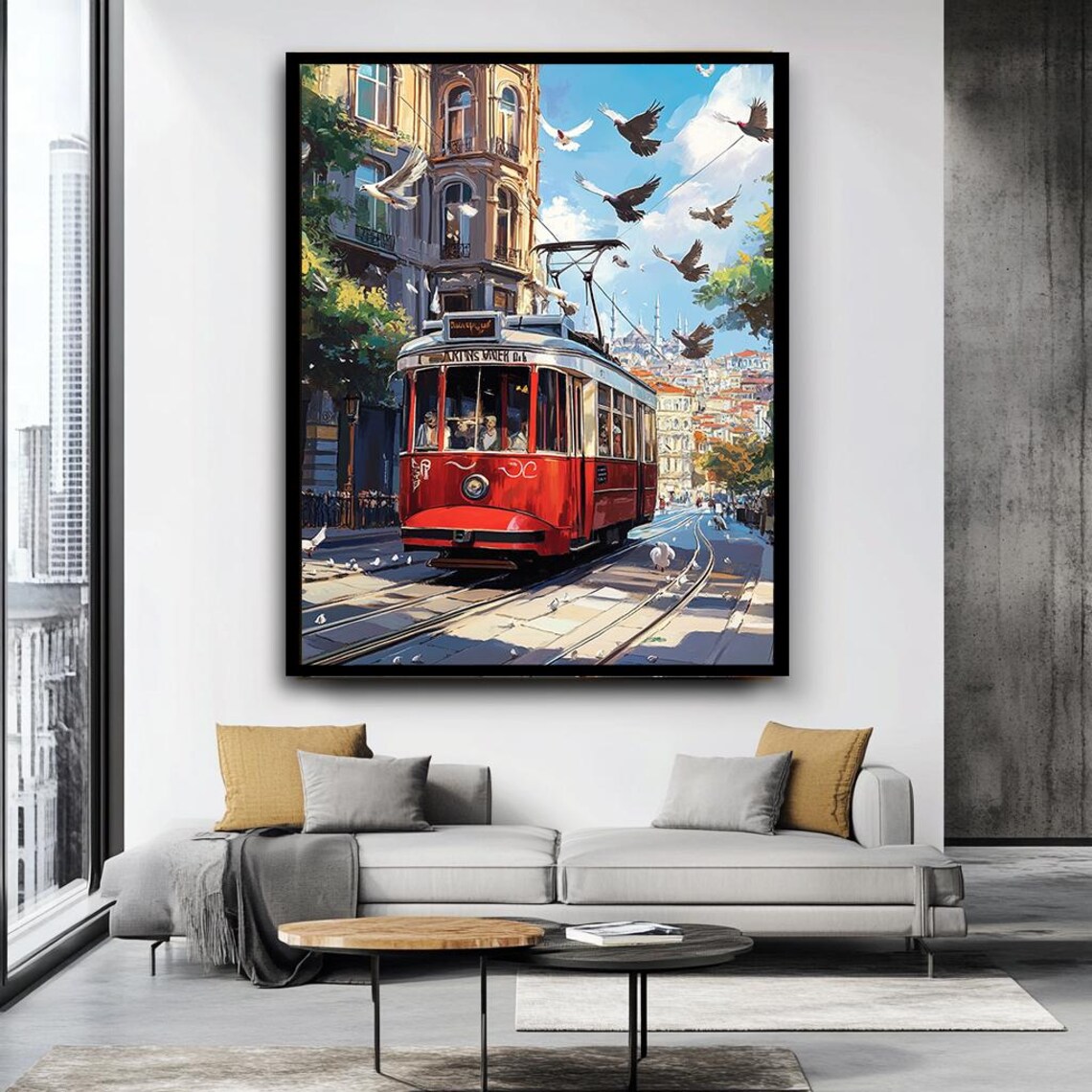 Istanbul Red Tram Nostalgic Street Cityscape Painting Travel Poster - Image 4