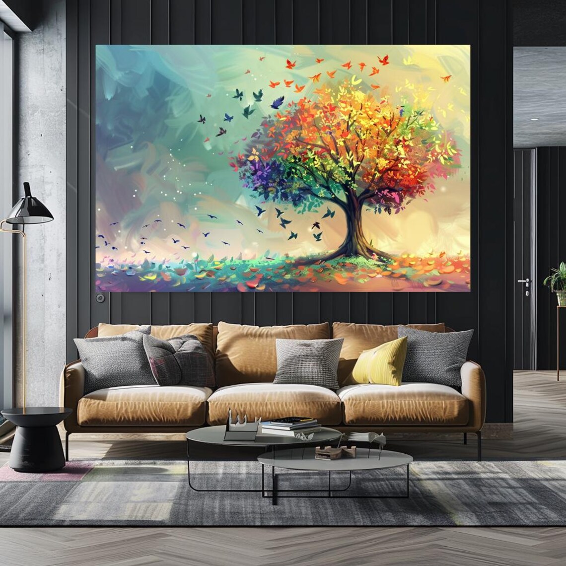Rainbow Tree Of Life Colorful Birds Flying Joyful Nature Art Poster - Image 5