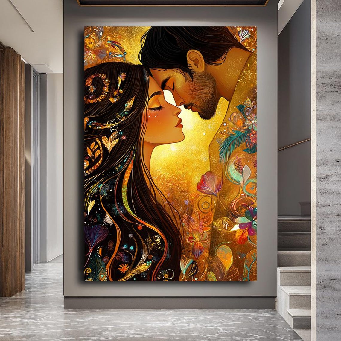 Golden Romantic Couple Tender Embrace Warm Floral Lovers Wall Art - Image 3