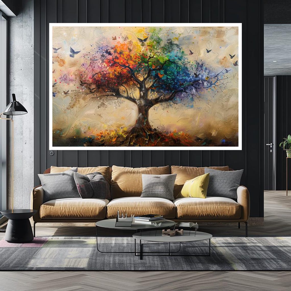 Rainbow Tree Of Life Flying Birds Golden Whimsical Nature Art Print - Image 2