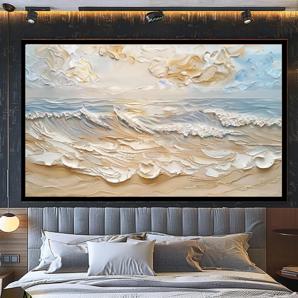 Textured Ocean Wave Painting Beige Coastal Palette Knife Art Poster - Image 4