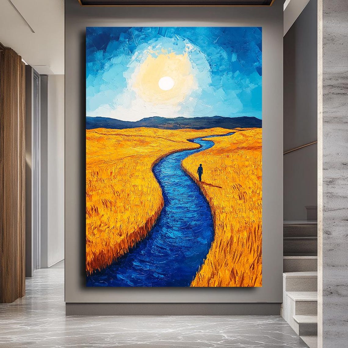Blue River Through Golden Wheat Field Sunlit Impressionist Art Poster - Image 3