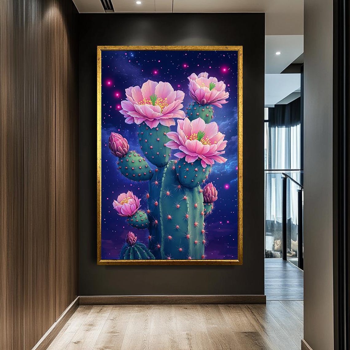 Pink Cactus Flowers Starry Night Cosmic Desert Botanical Wall Art - Image 3