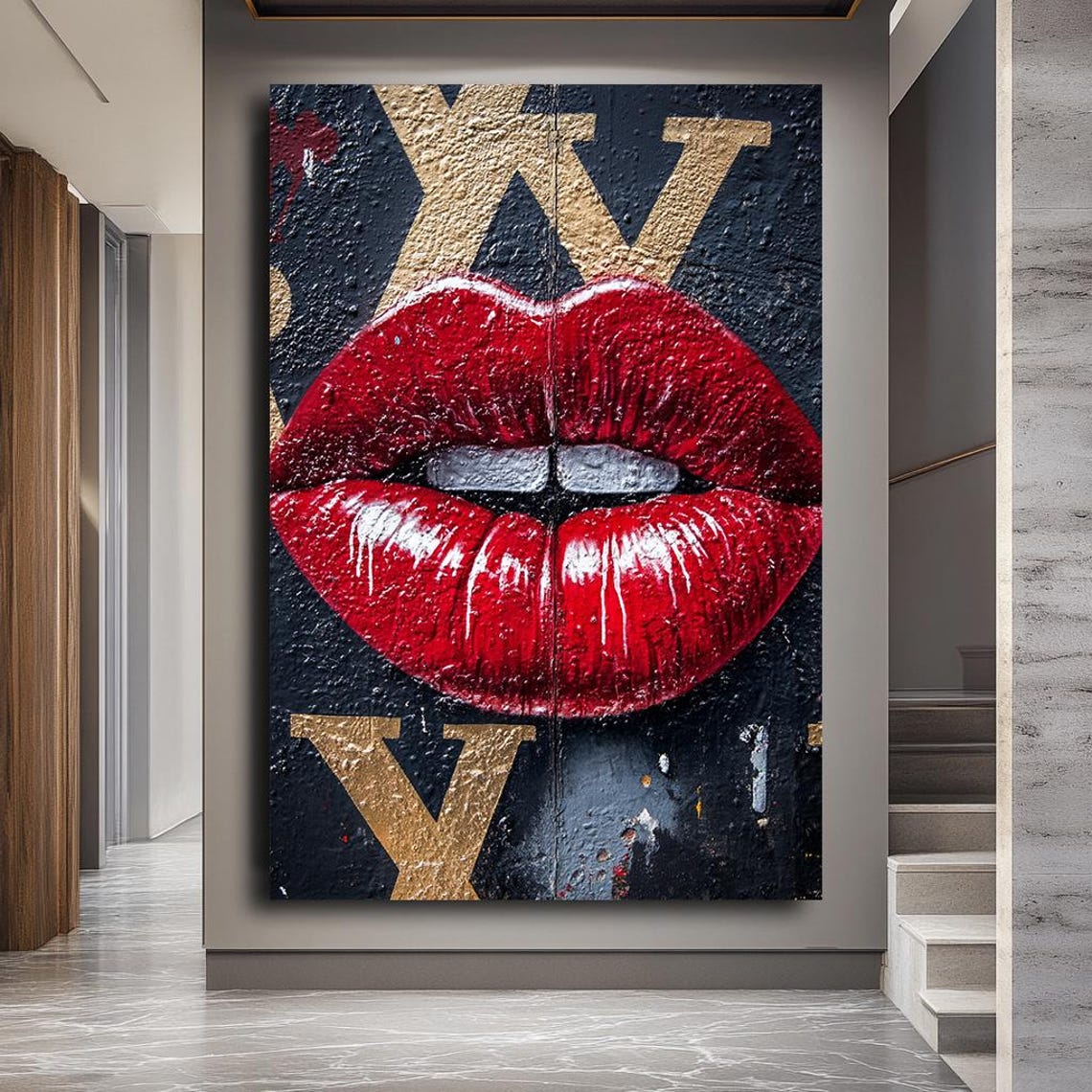 Glamorous Red Lips Gold Lettering Pop Art Bold Fashion Statement Print - Image 3