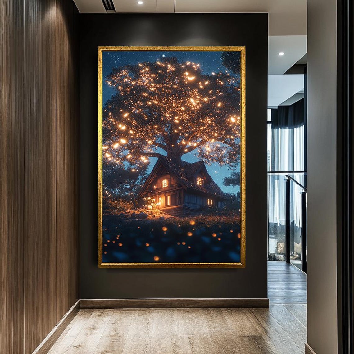 Magical Treehouse Cottage Glowing Fireflies Starry Night Forest Print - Image 3