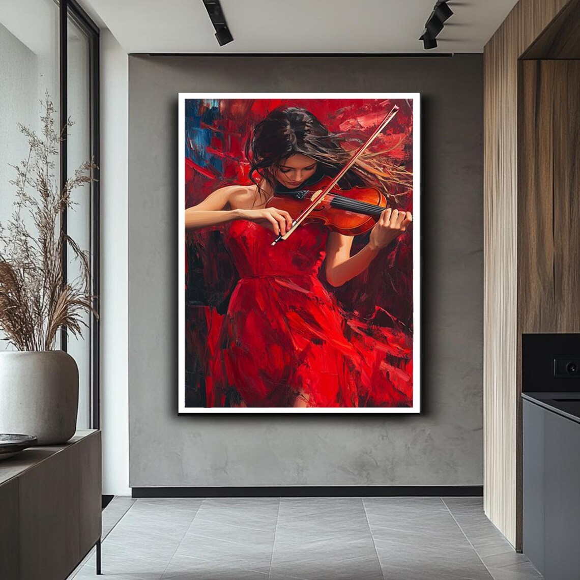 Woman In Red Dress Playing Violin Passionate Musician Wall Art - Image 2
