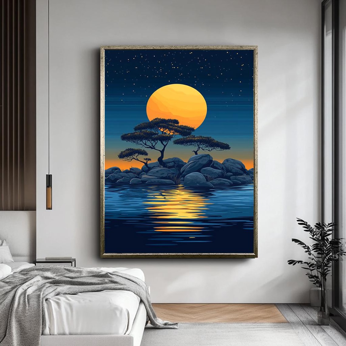 Golden Sunset Over Water Rocky Shore Moon Reflection Travel Poster - Image 5
