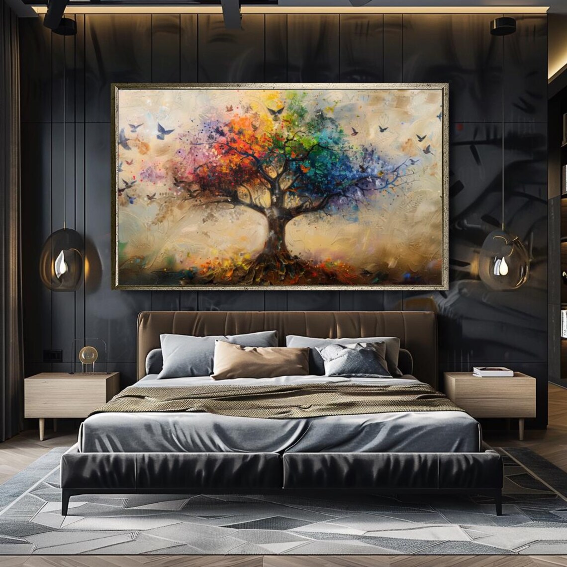 Rainbow Tree Of Life Flying Birds Golden Whimsical Nature Art Print