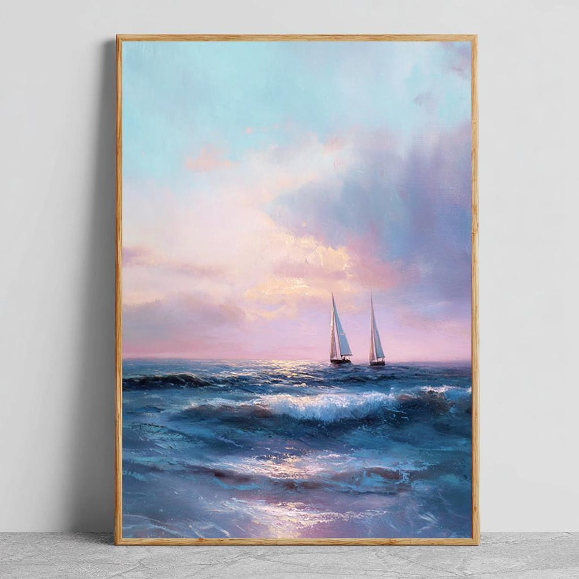 Two Sailboats At Sea Under A Pastel Sunset Oil Painting Poster
