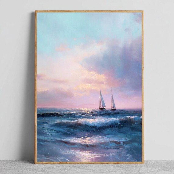 Two Sailboats At Sea Under A Pastel Sunset Oil Painting Poster