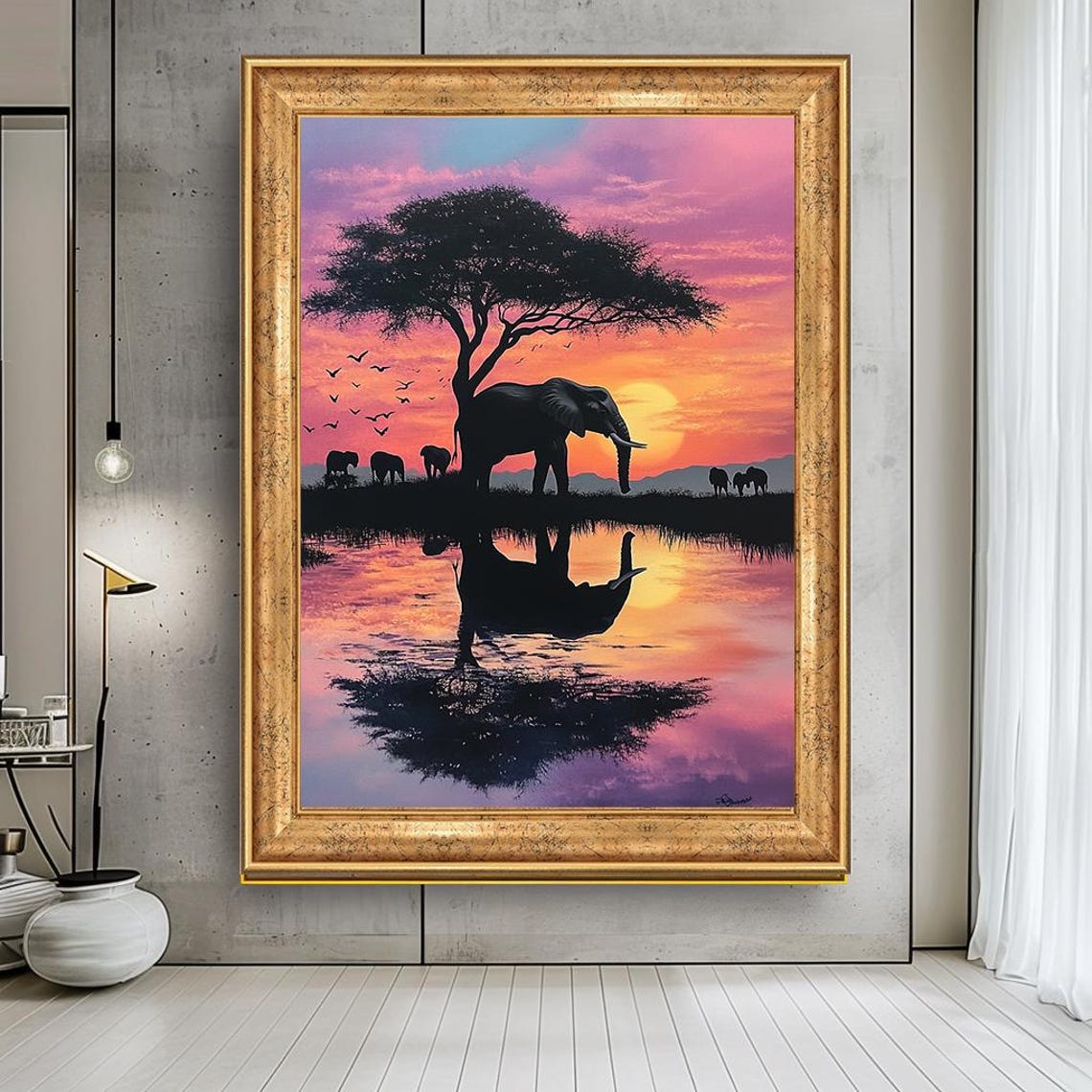African Elephants Sunset Savanna Acacia Tree Water Reflection Poster