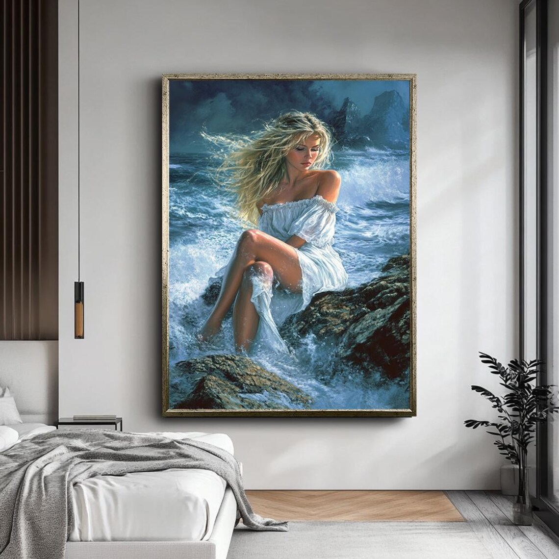 Romantic Woman on Rocks Coastal Wall Art Print - Image 4