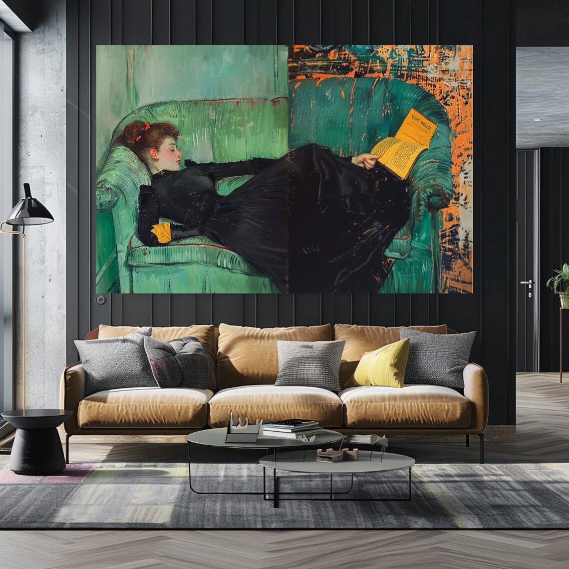 Vintage Woman Reading On Green Sofa Classic Elegant Literary Art Print - Image 5