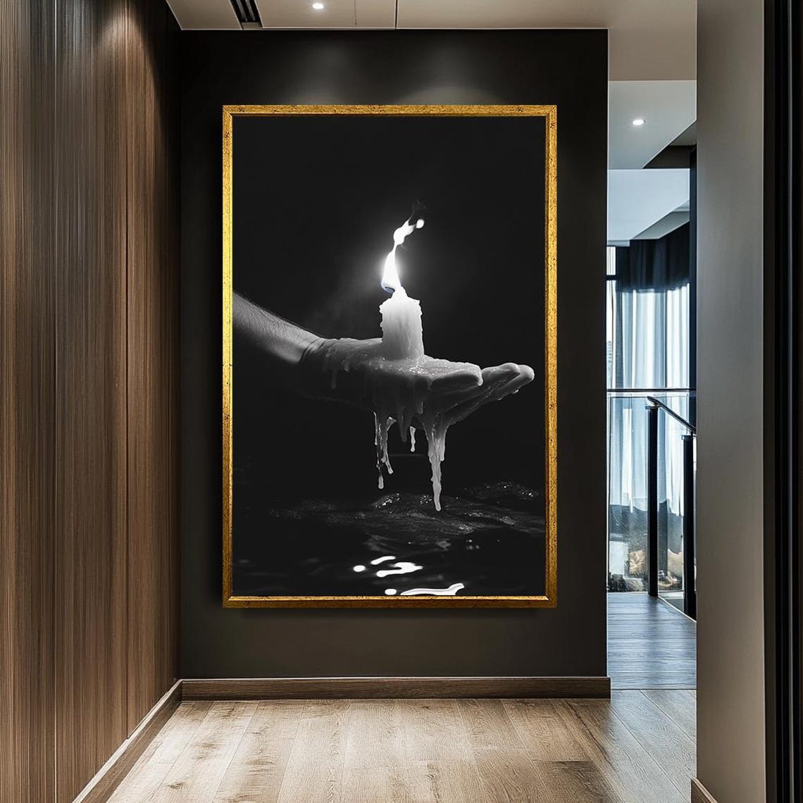Black And White Hand Holding Melting Candle Dramatic Dark Art Poster - Image 5