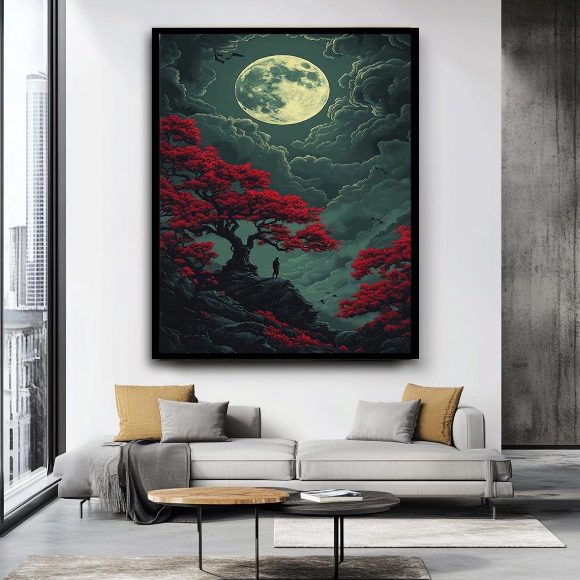 Full Moon Red Maple Trees Lone Figure Enchanted Night Fantasy Poster - Image 4