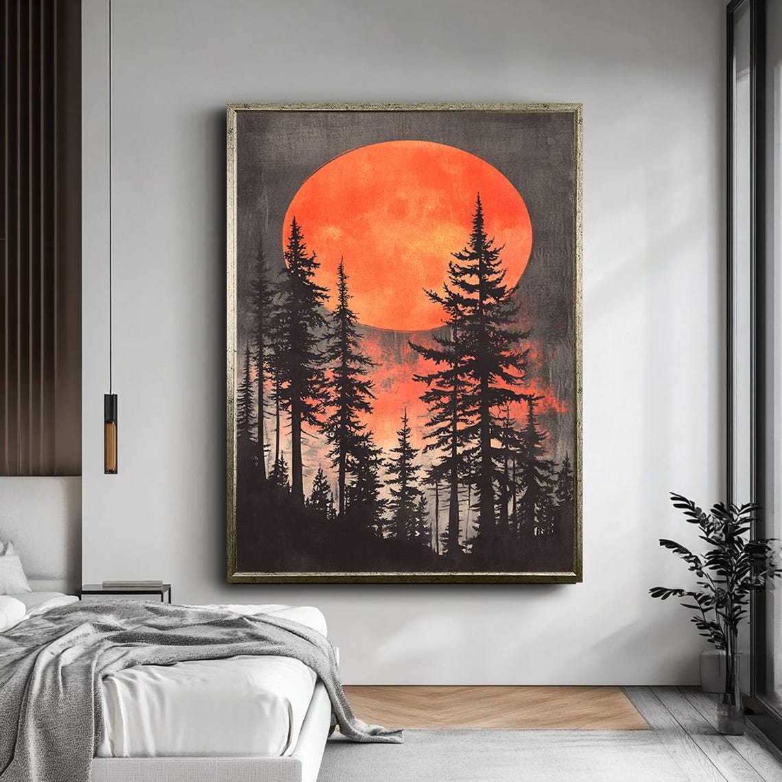 Mystical Forest Silhouette Wall Art Bold Red Moon And Pine Trees Print Dark Nature Landscape Decor Large Abstract Art - Image 5
